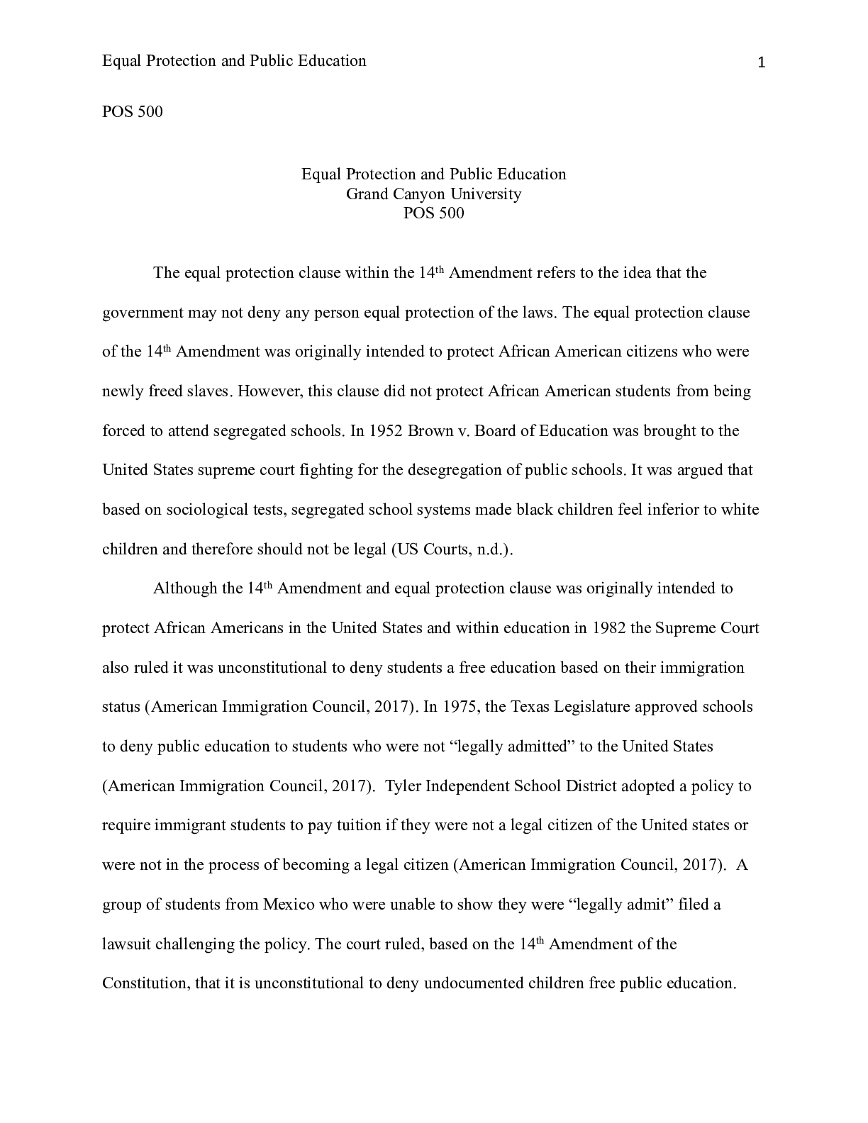 Preview of Equal_Protection_and_Public_Education__POS_500.docx  POS 500  Equal Protection and Public